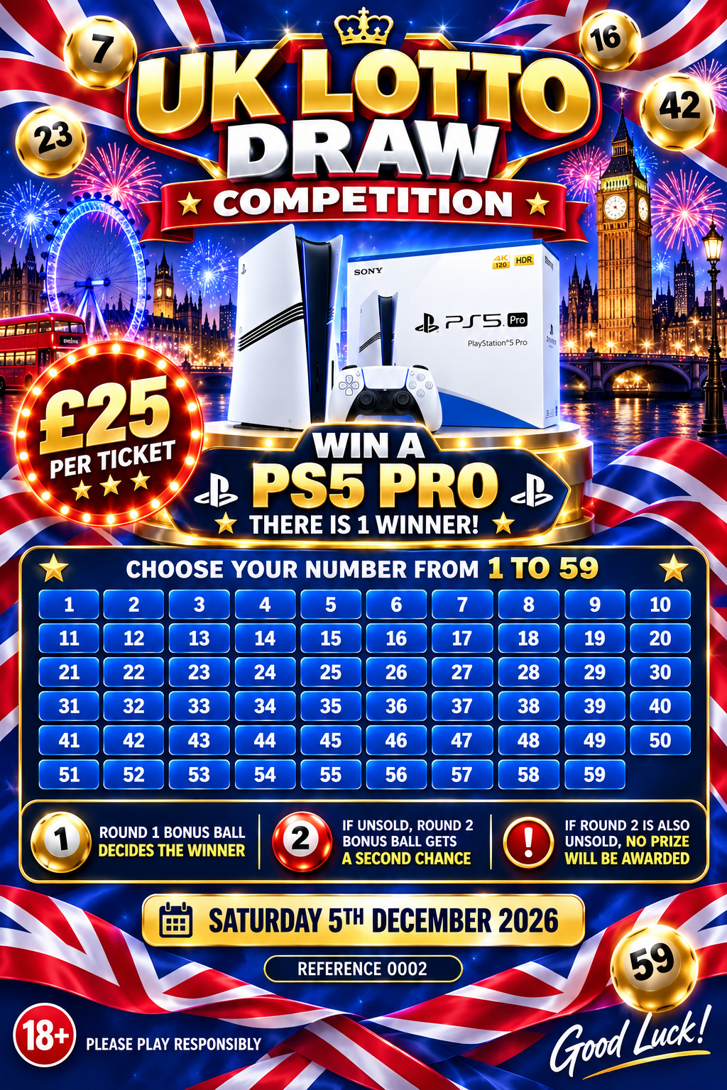 UK Lotto-style PlayStation 5 Pro competition advert with numbers 1 to 59